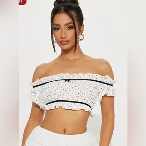 Fashion Nova White Eyelet Off-Shoulder Crop Top